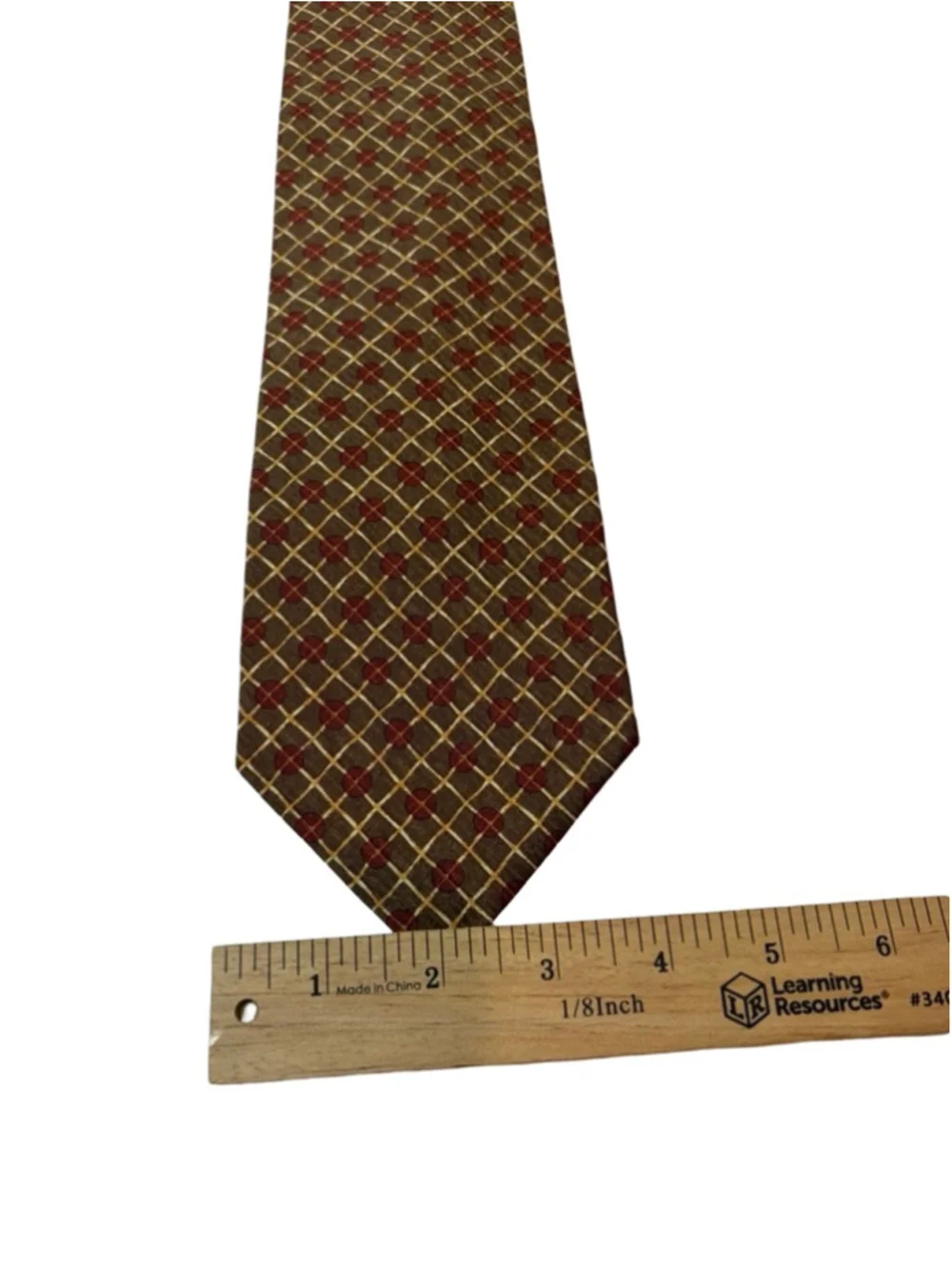 Calvin Klein Silk Tie Brown Gold Geometric Grid Medallion Pattern USA Designer